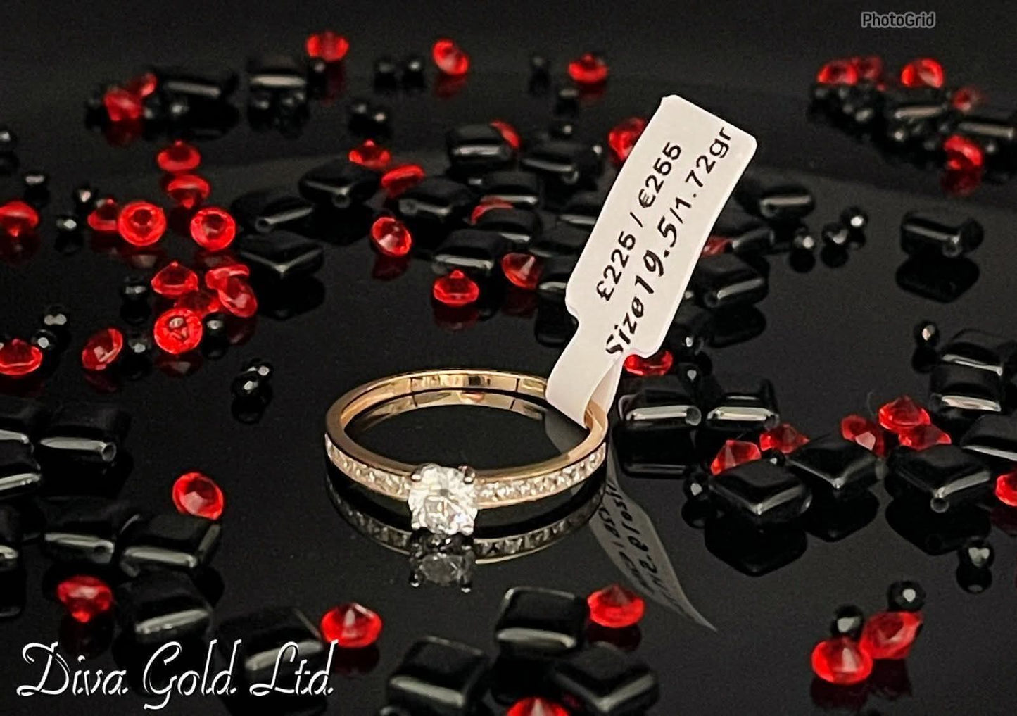 Gold women Ring with white zircon stones. Size 19.5