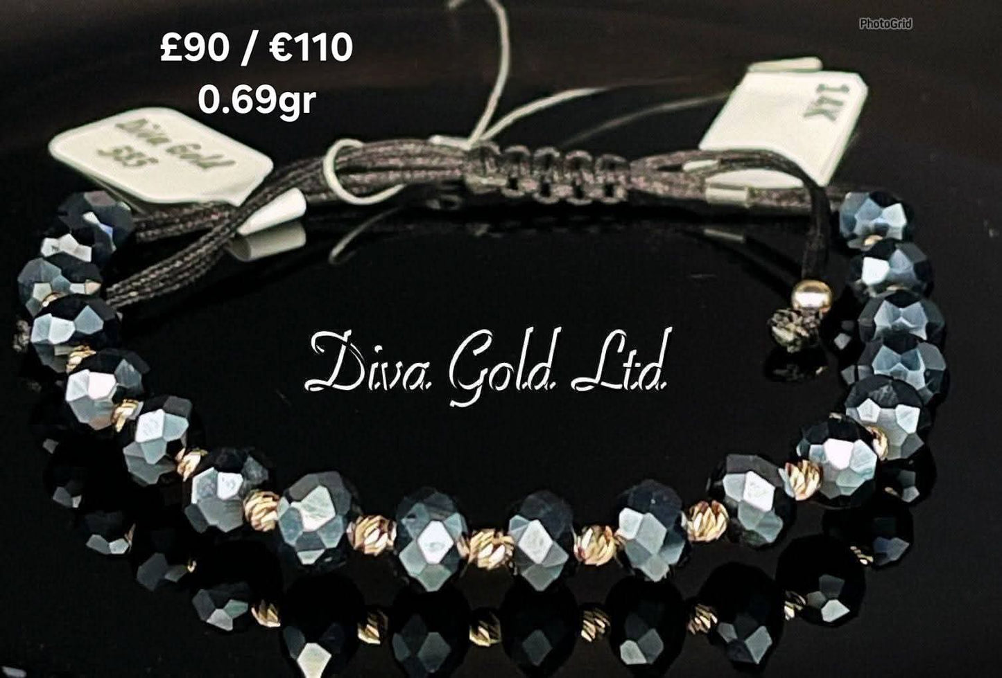 black thread bracelet with 585 gold details / blue beads