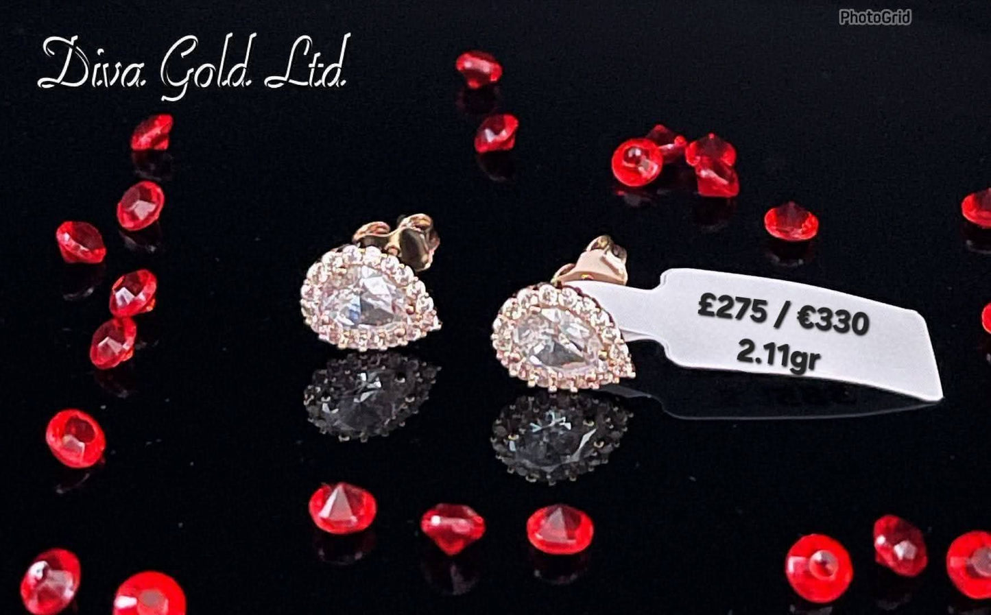 Stud gold earrings / white zircon stones