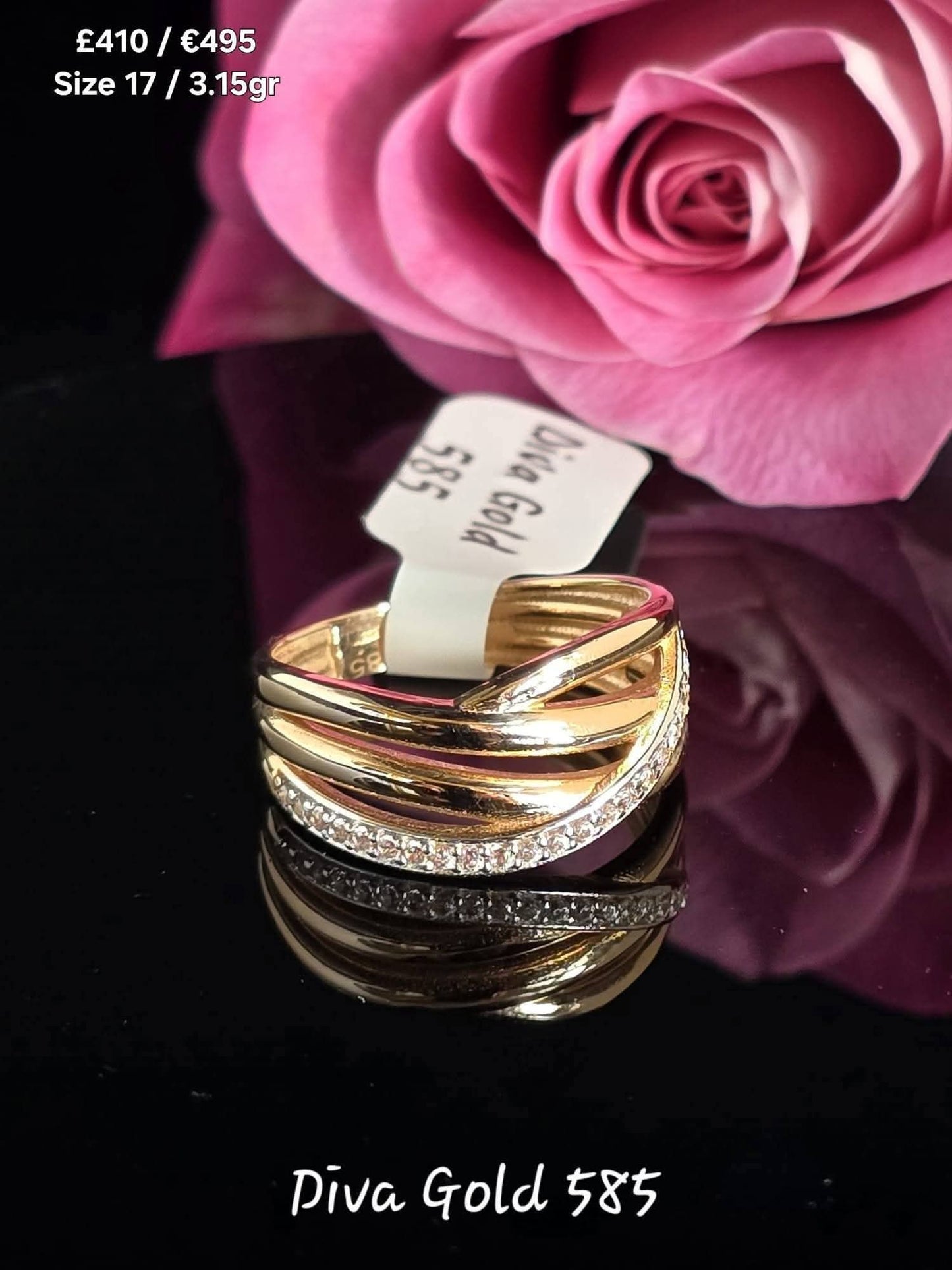 Gold women ring / white zircon stones Size 17