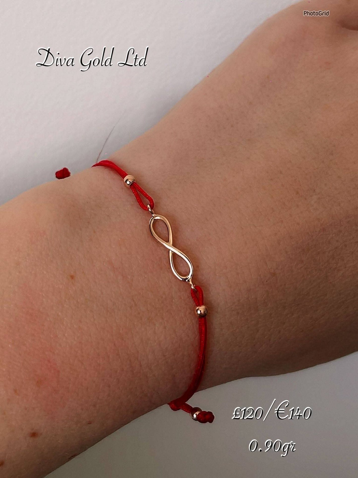 Red thread bracelet with 585 gold details. 0.90gram