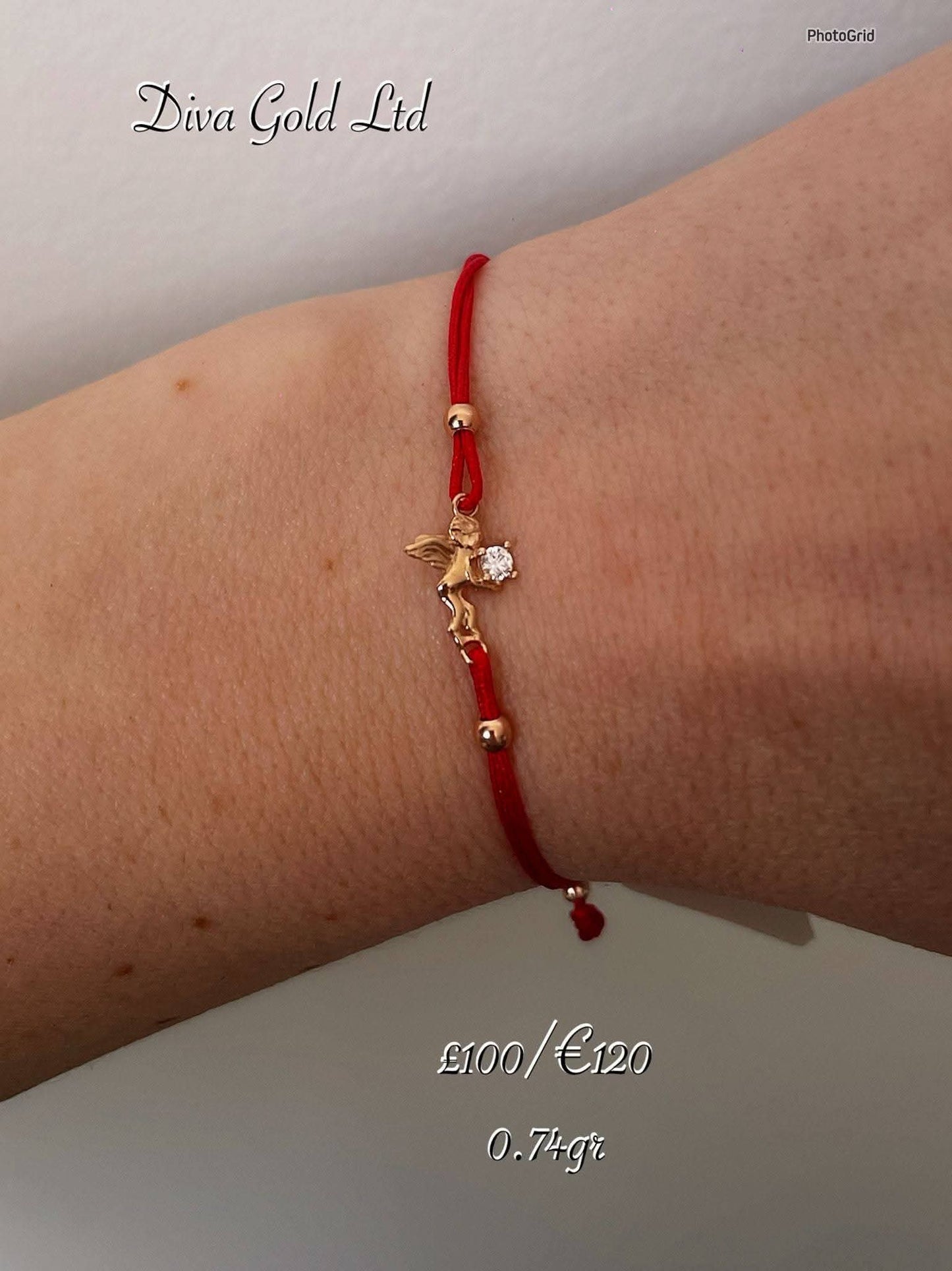 Red thread bracelet with 585 gold details. 0.74gram