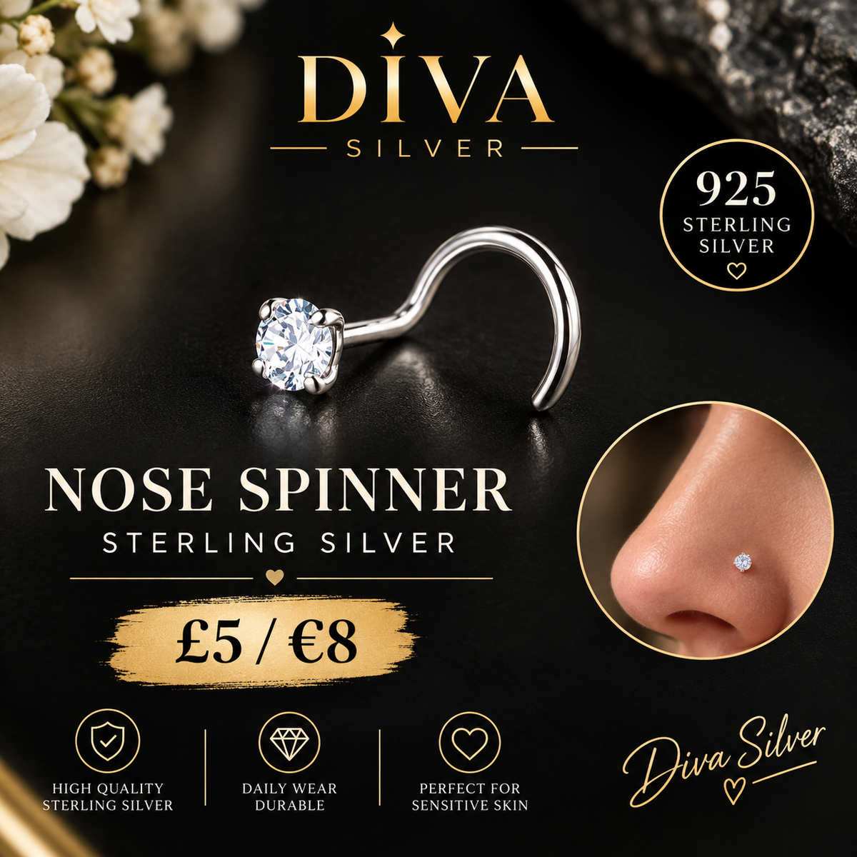 3mm round Cubic Zirconia Sterling Silver Nose Spinner