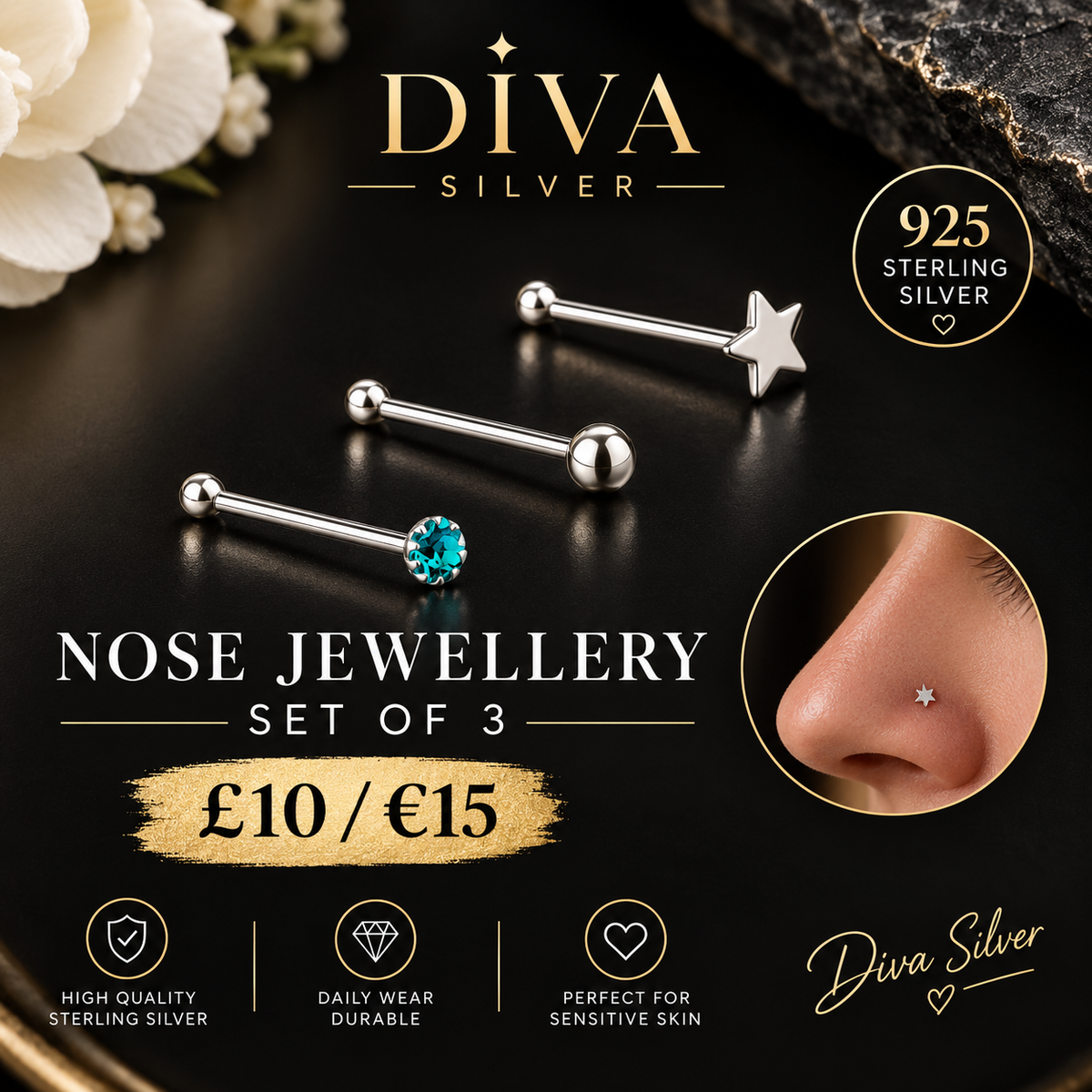 Sterling Silver Mixed Nose Jewellery Set of 3 pieces