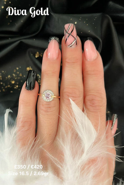 Gold women ring. White & Pink zircon stones. Size 16.5