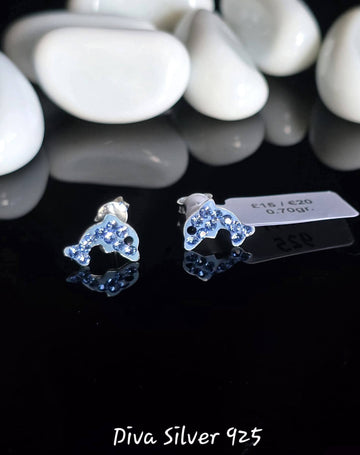 Sterling Silver Blue Shining Dolphin Stud Earrings