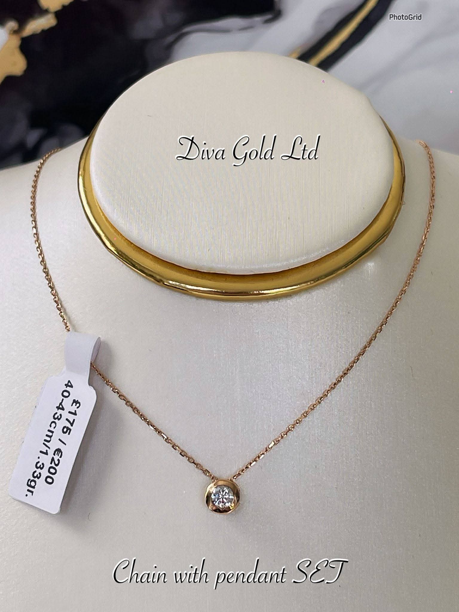 Gold Chain with pendant / white zircon stone. 40-43cm