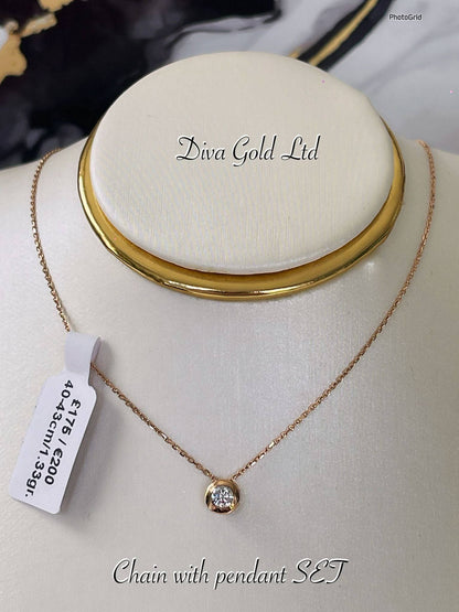 Gold Chain with pendant / white zircon stone. 40-43cm