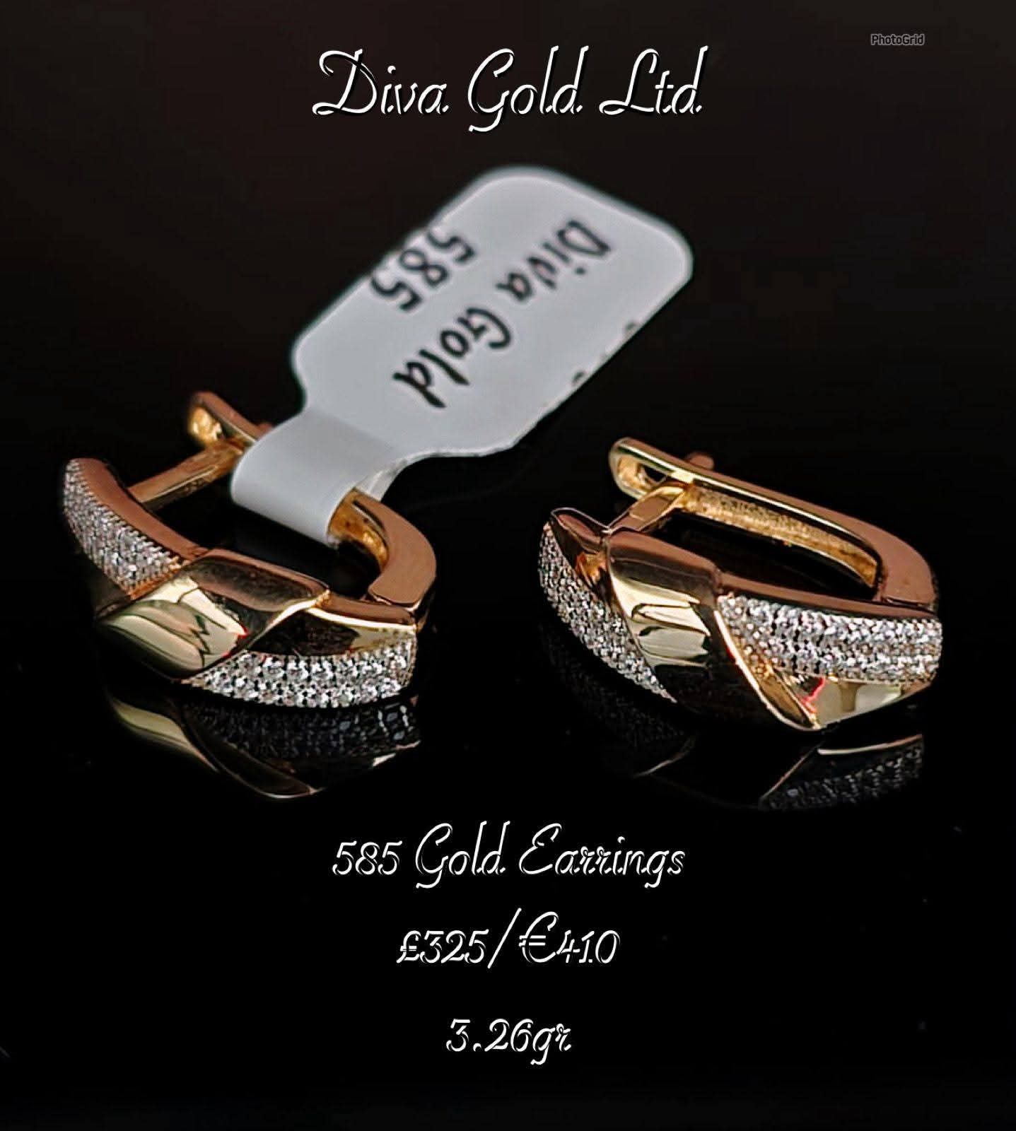 Gold 585 earrings with white zircon stones.