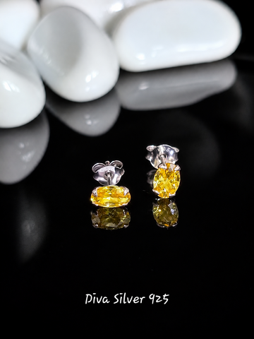 Sterling Silver Oval Yellow Women Stud Earrings