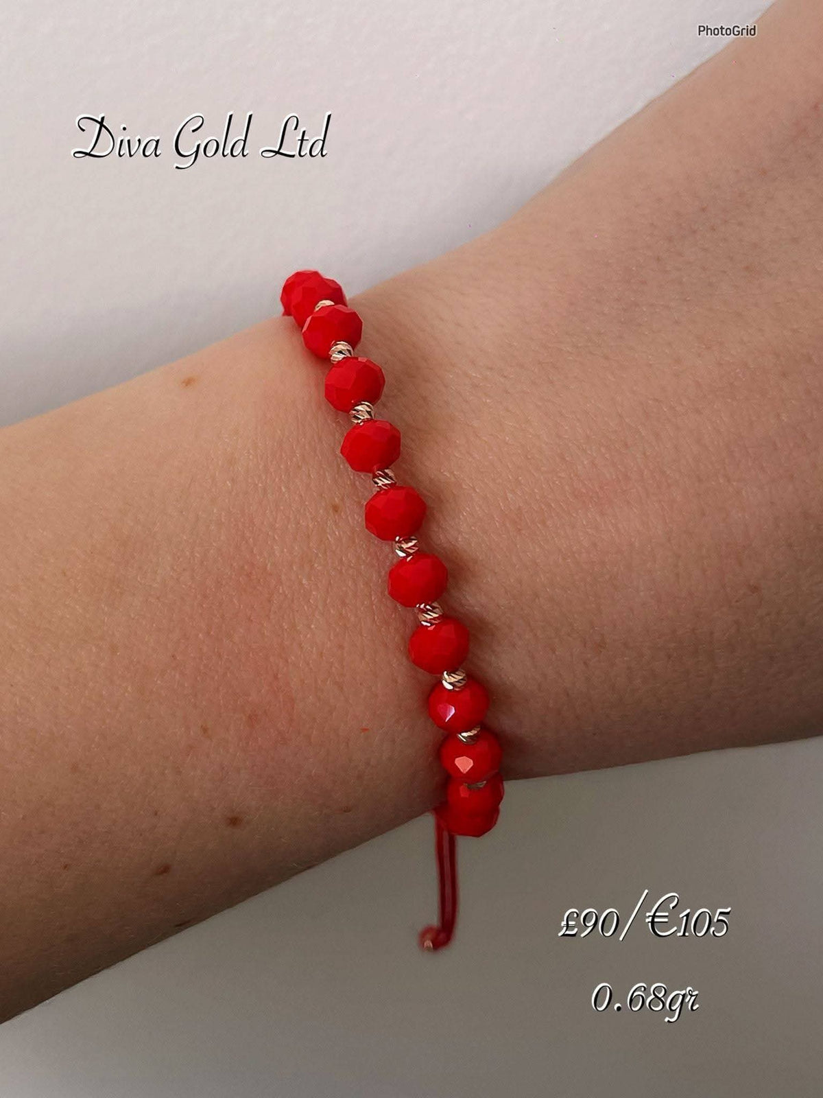 Red thread bracelet with 585 gold details. 0.68gram