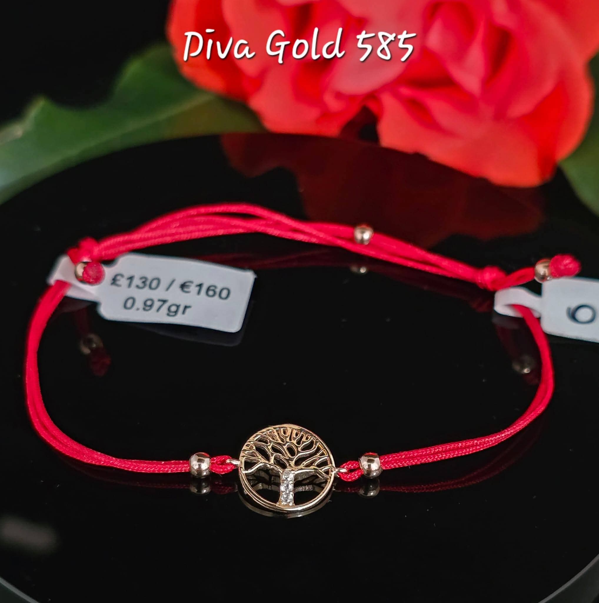 Red thread bracelets with 585 gold details.