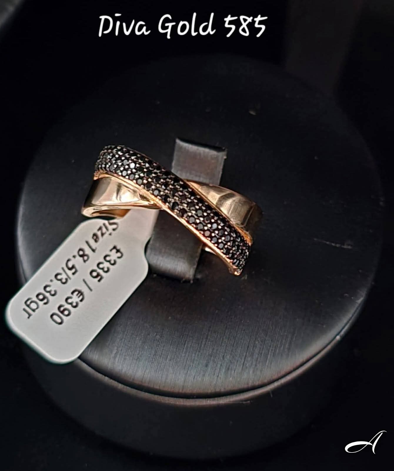 Gold ring with black zircon stones. Size 18.5