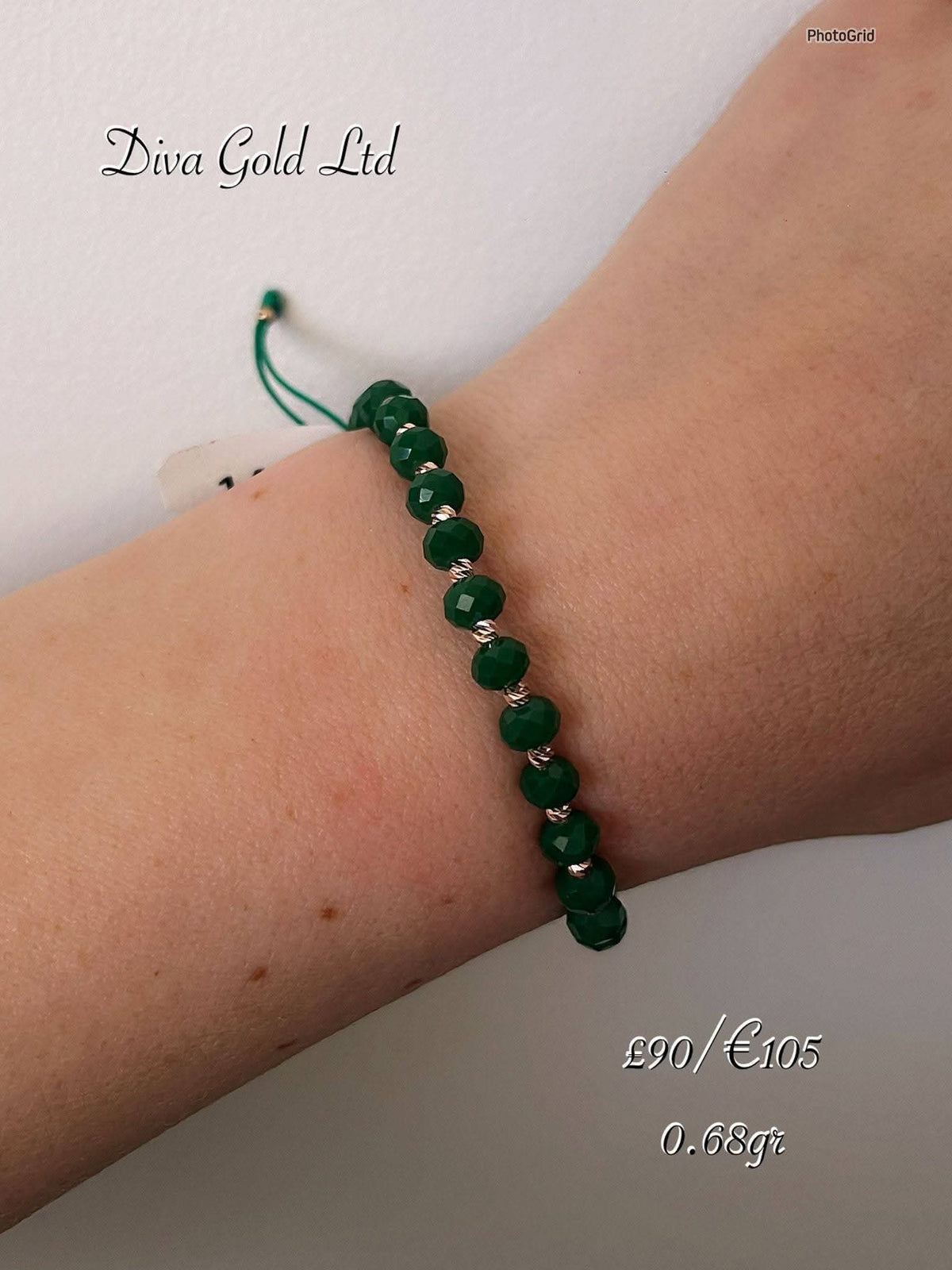 Green thread bracelet with 585 gold details. 0.68gram