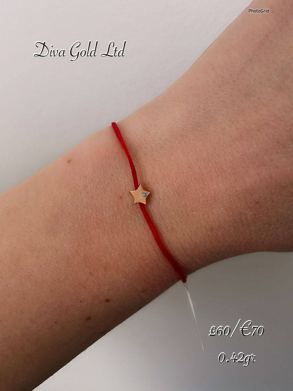 Red thread bracelet with 585 gold details. 0.42gram