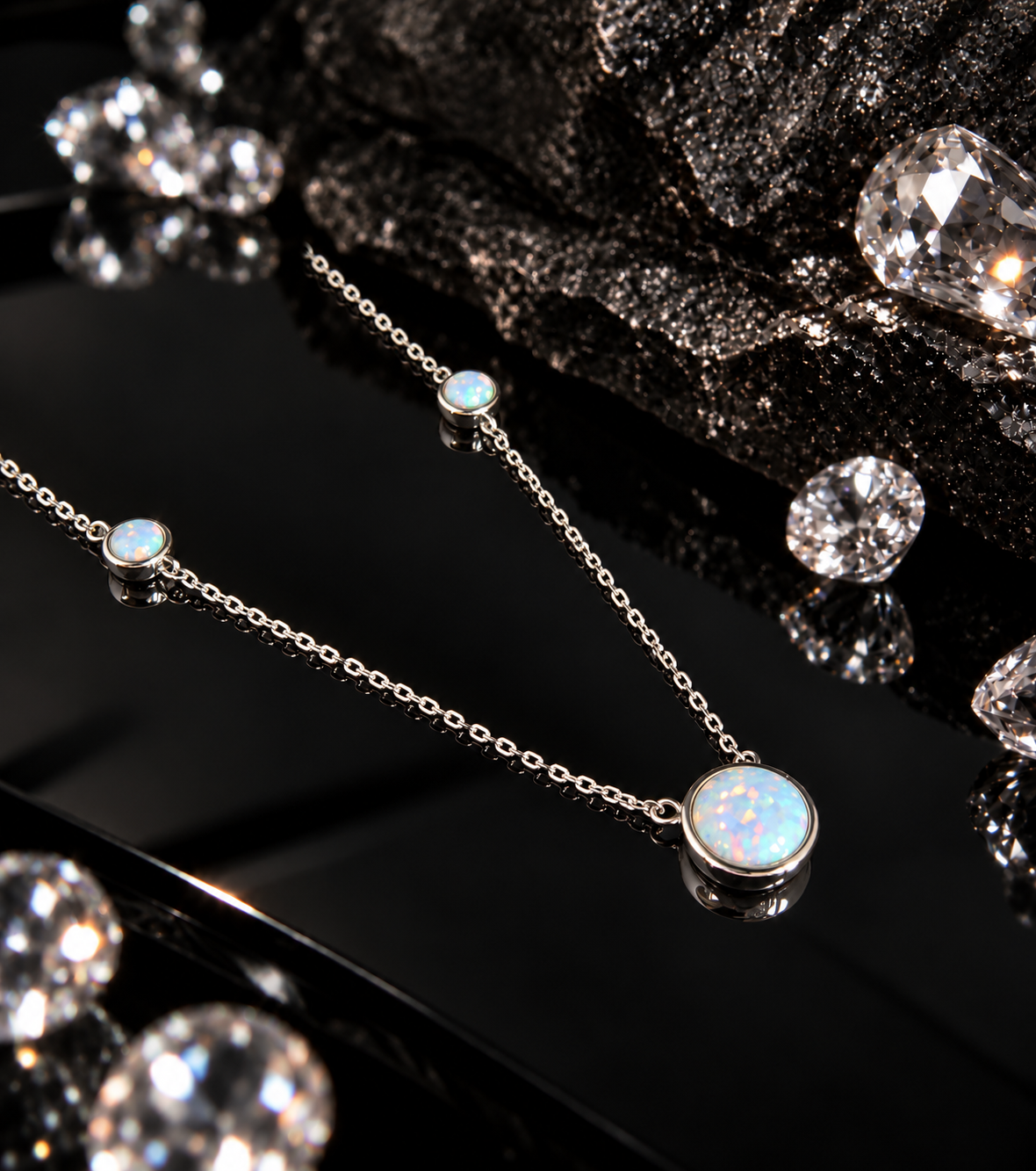 925 Sterling Silver Round Opal Necklace with Pendant