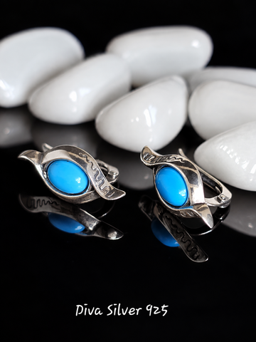 Sterling Silver Oval Bright Blue Women Earrings