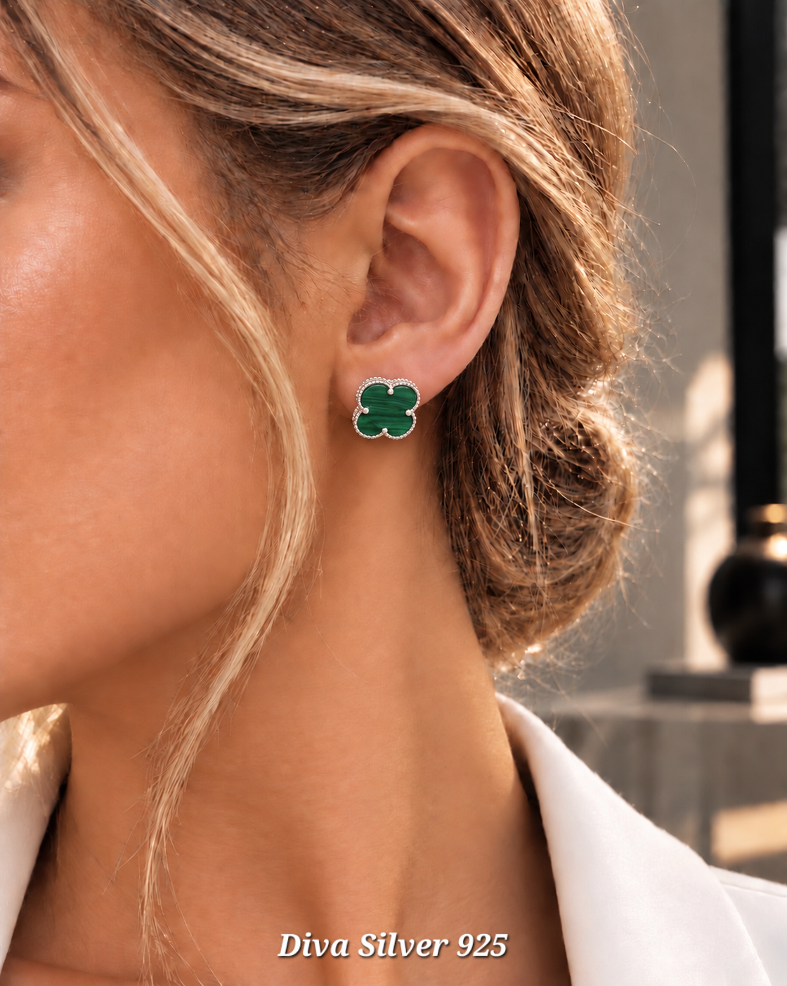 Sterling Silver Green Clover Women Stud Earrings