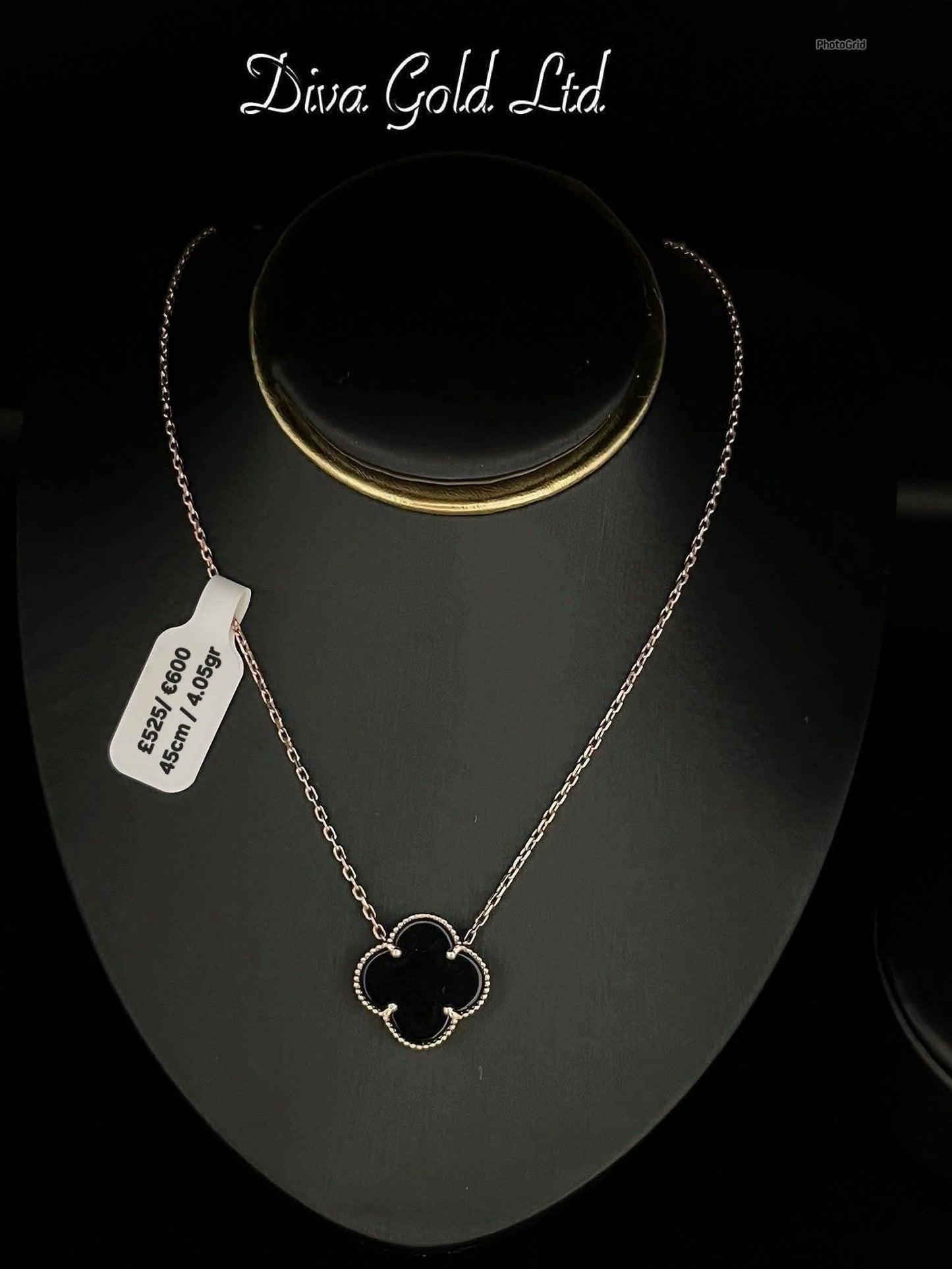 Gold Chain with black clover pendant. 40-43cm