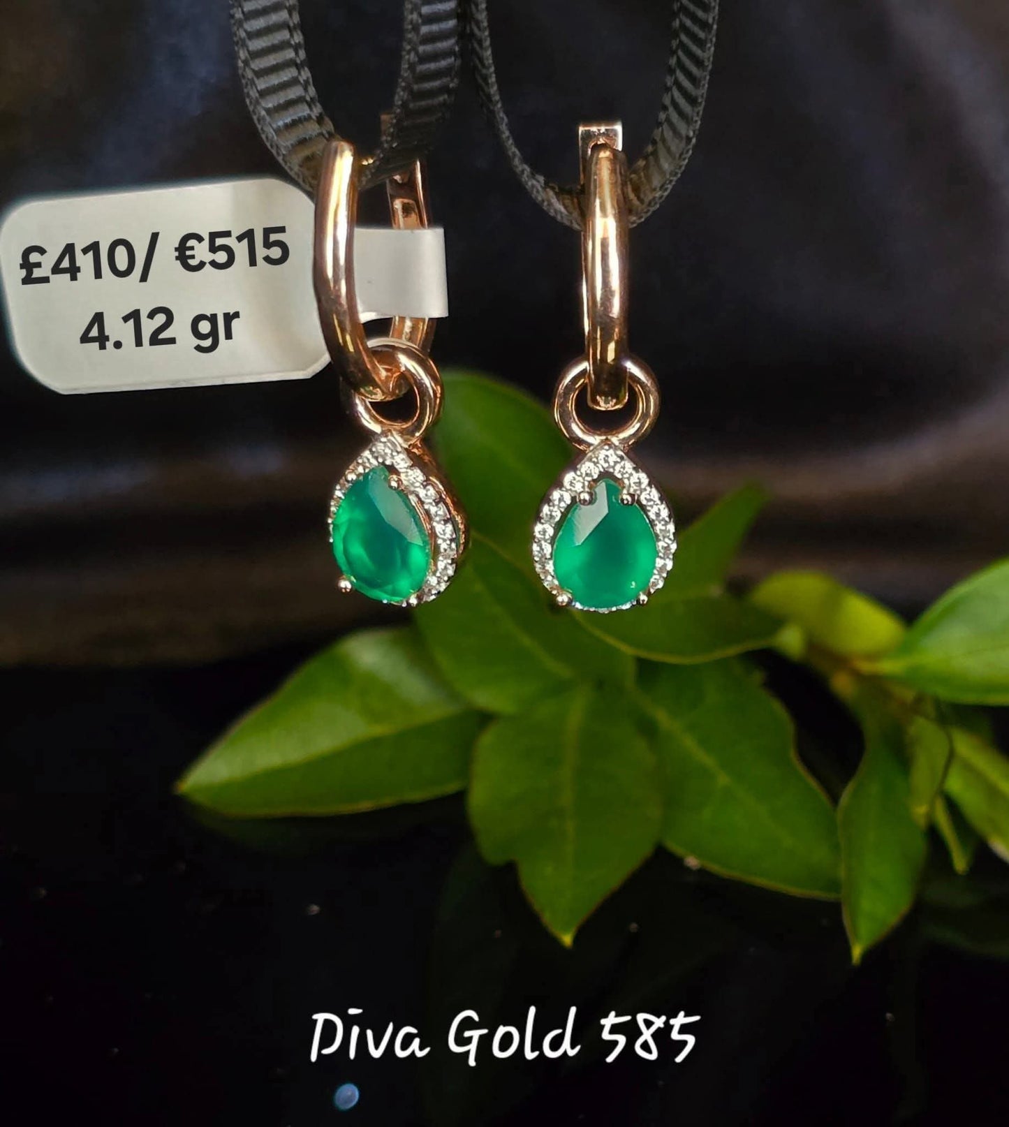 Gold 585 earrings with white & green zircon stones.