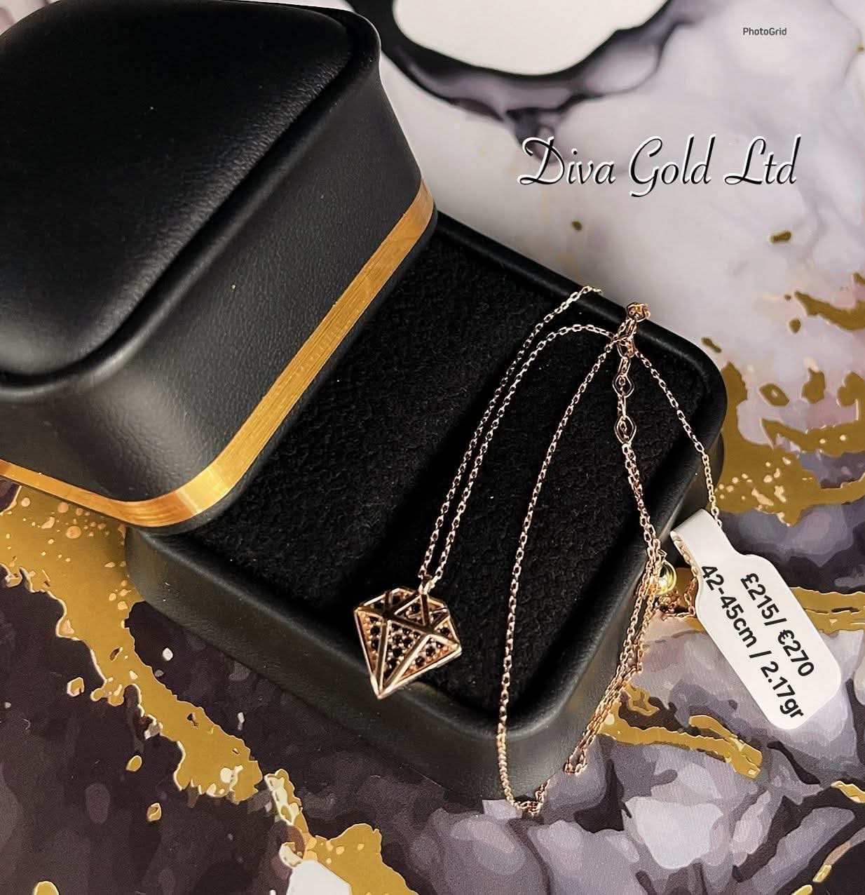 Gold chain with black zircon stones pendant. 42-45cm