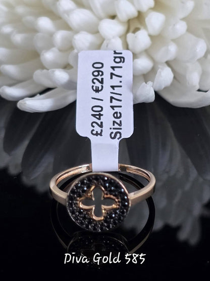 Gold women ring / black zircon stones. Size 17