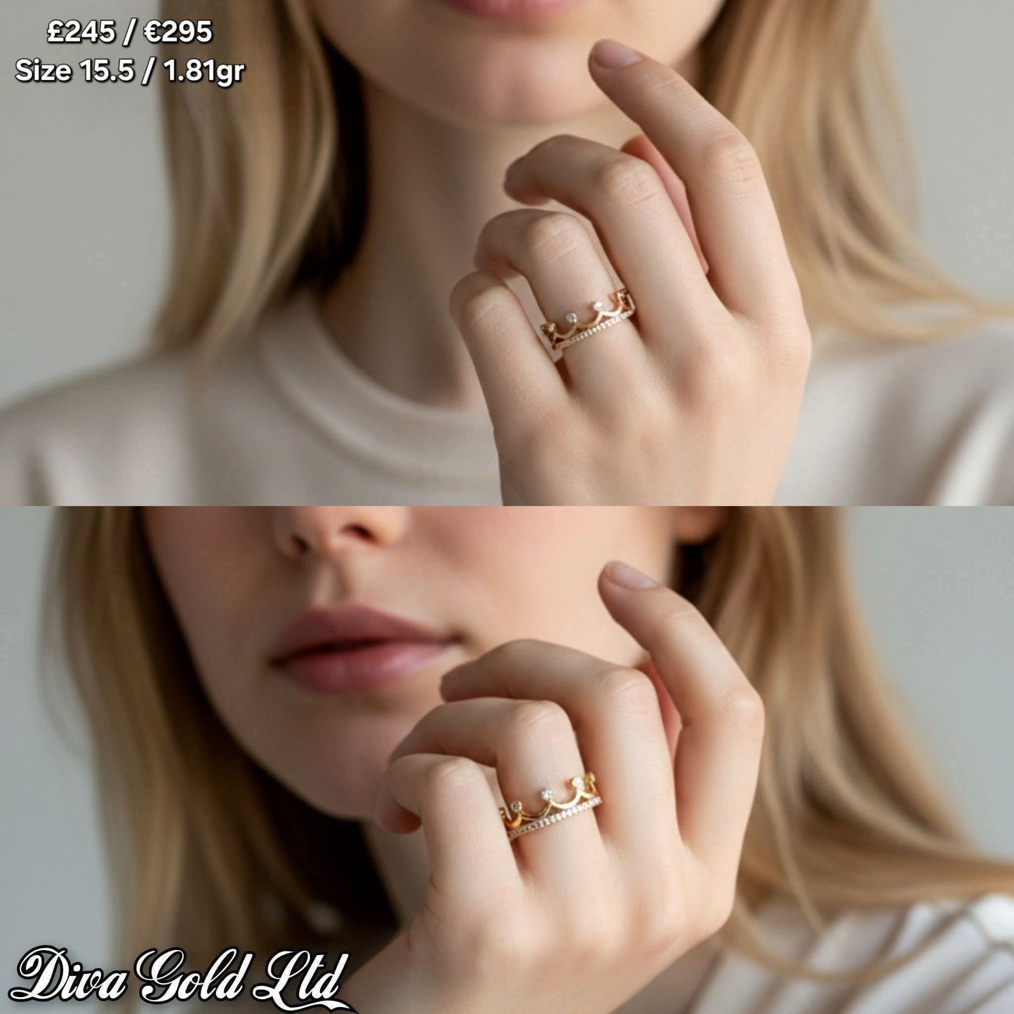 Gold women ring / white zircon stones. Size 15.5