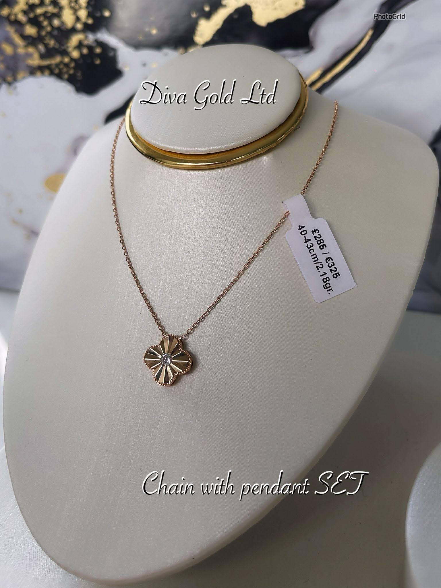 Gold Chain with  clover pendant with zircon stone. 40-43cm