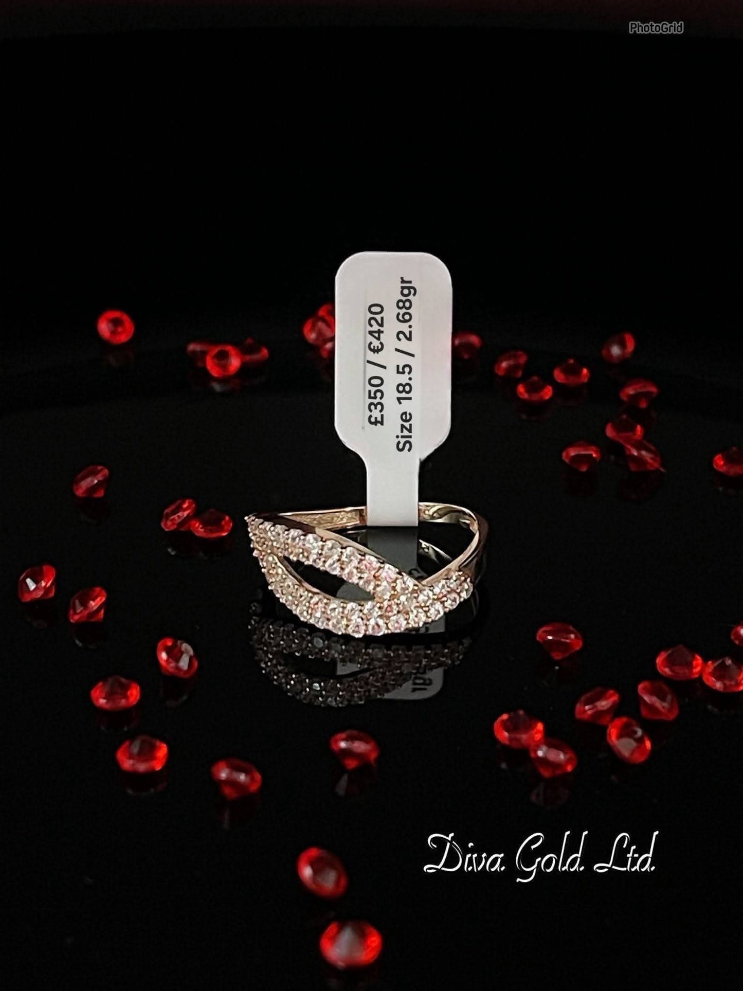 Gold women Ring with white zircon stones.  Size 18.5