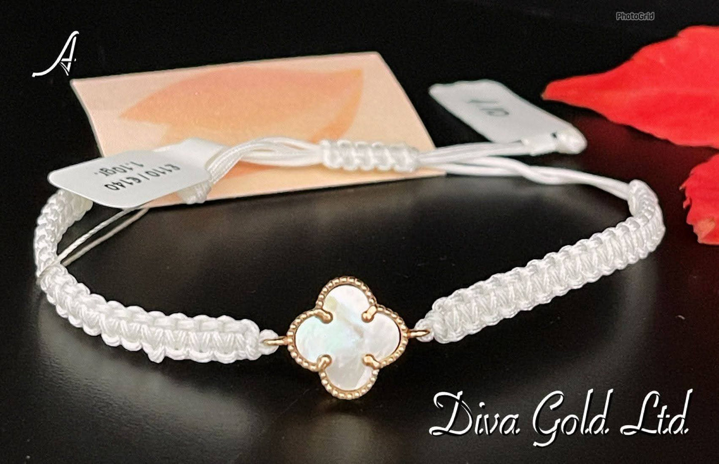 White clover thread bracelet with gold details.