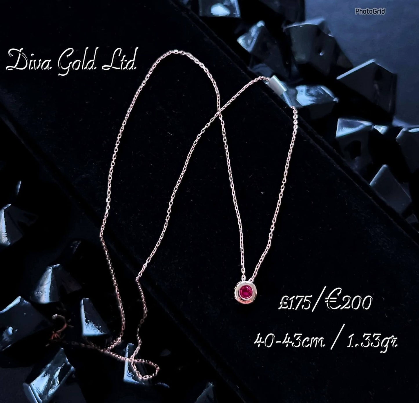 Gold Chain with pendant / pink zircon stone.  40-43cm