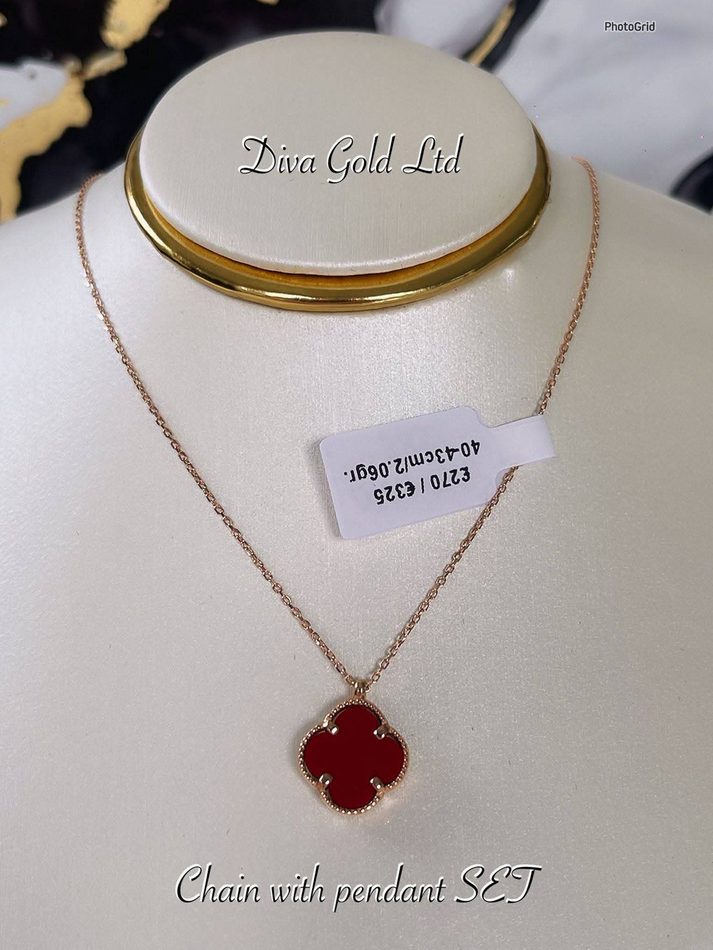 Gold Chain with red clover pendant. 40-43cm