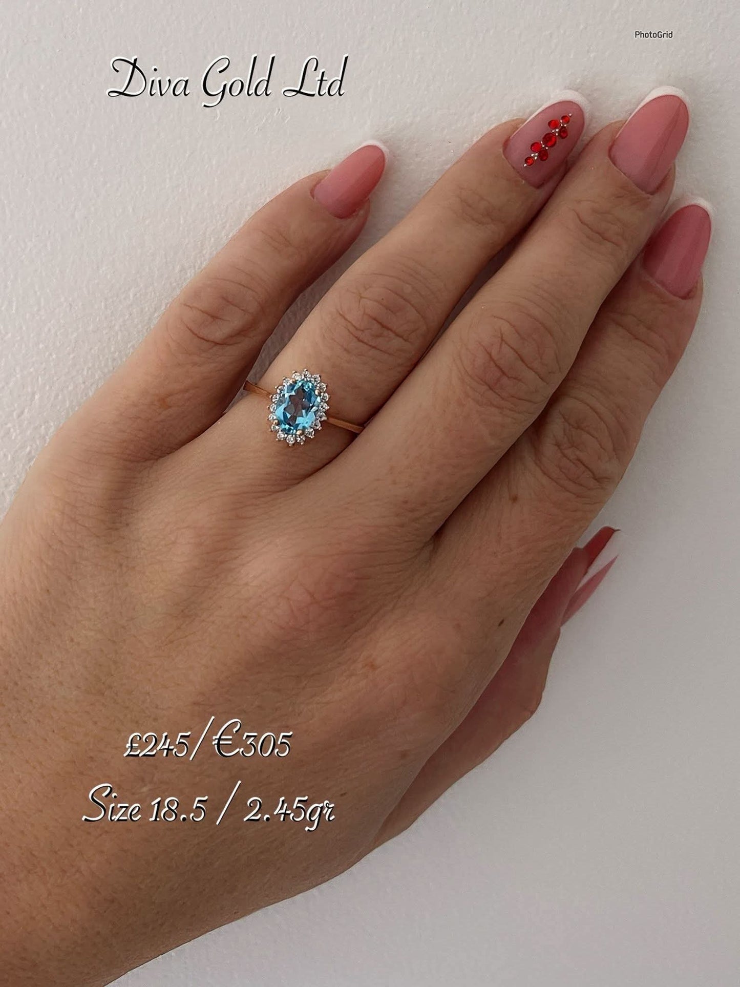 Gold ring with blue&white zircon stones. Size 18.5