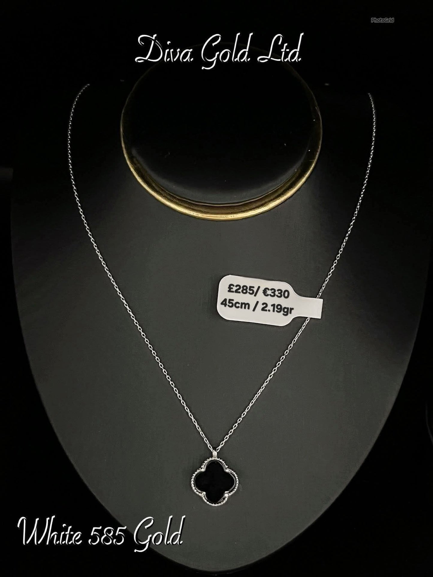 White Gold Chain with black clover pendant. 45cm
