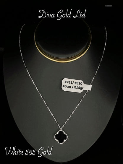 White Gold Chain with black clover pendant. 45cm