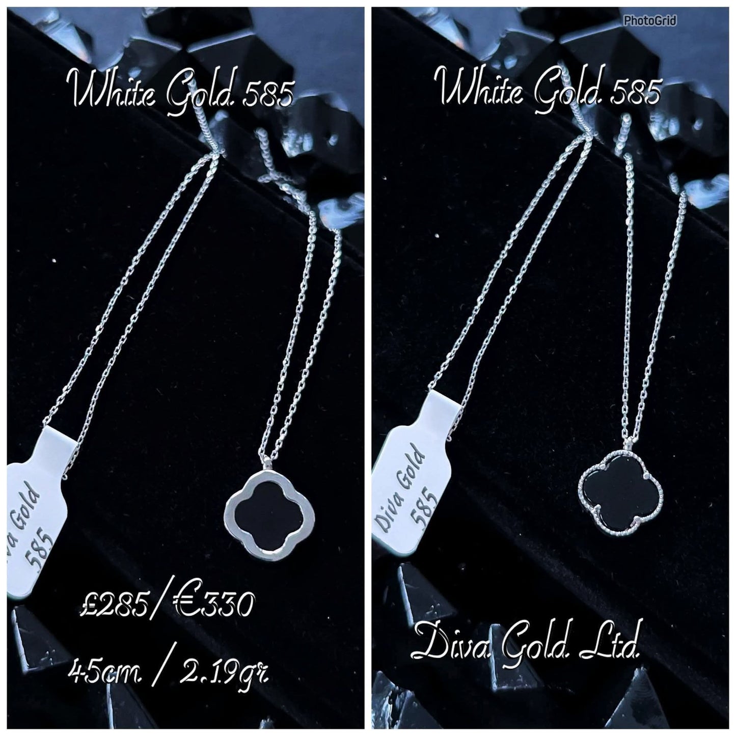 White Gold Chain with black clover pendant. 45cm