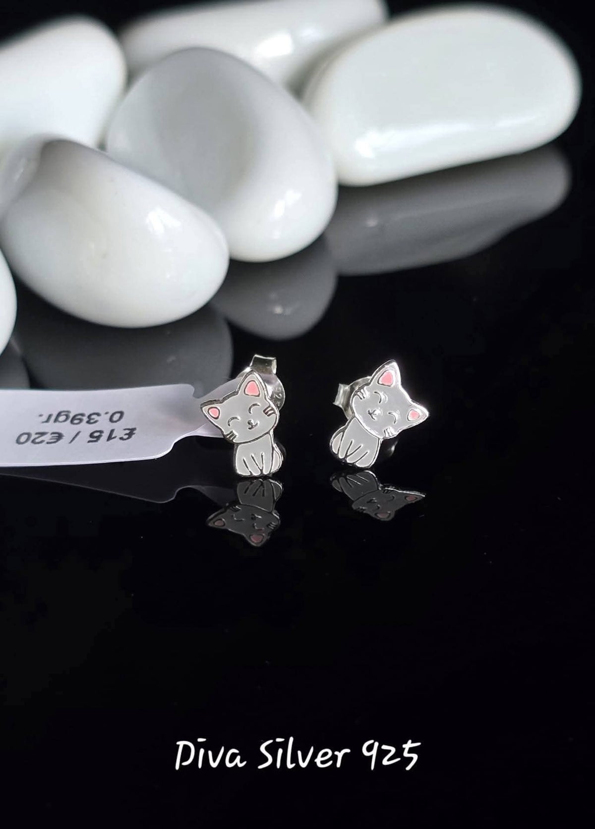 Sterling Silver White Kitten Stud Earrings