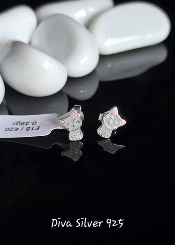 Sterling Silver White Kitten Stud Earrings