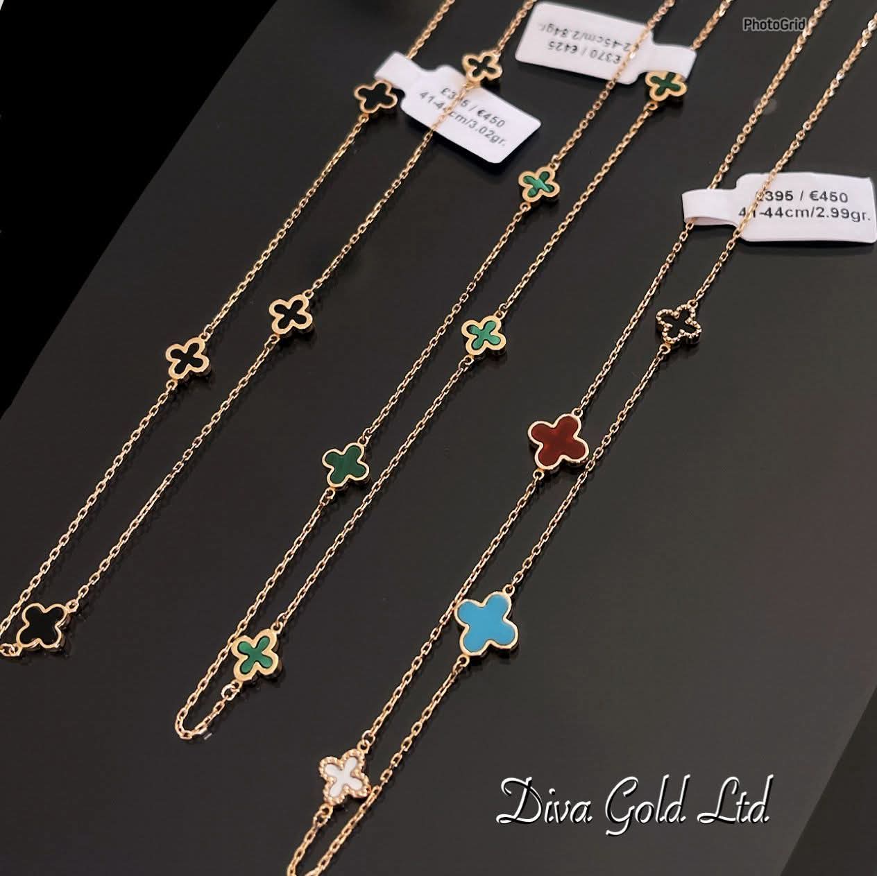 Gold Chain with clovers pendant. 41-44cm