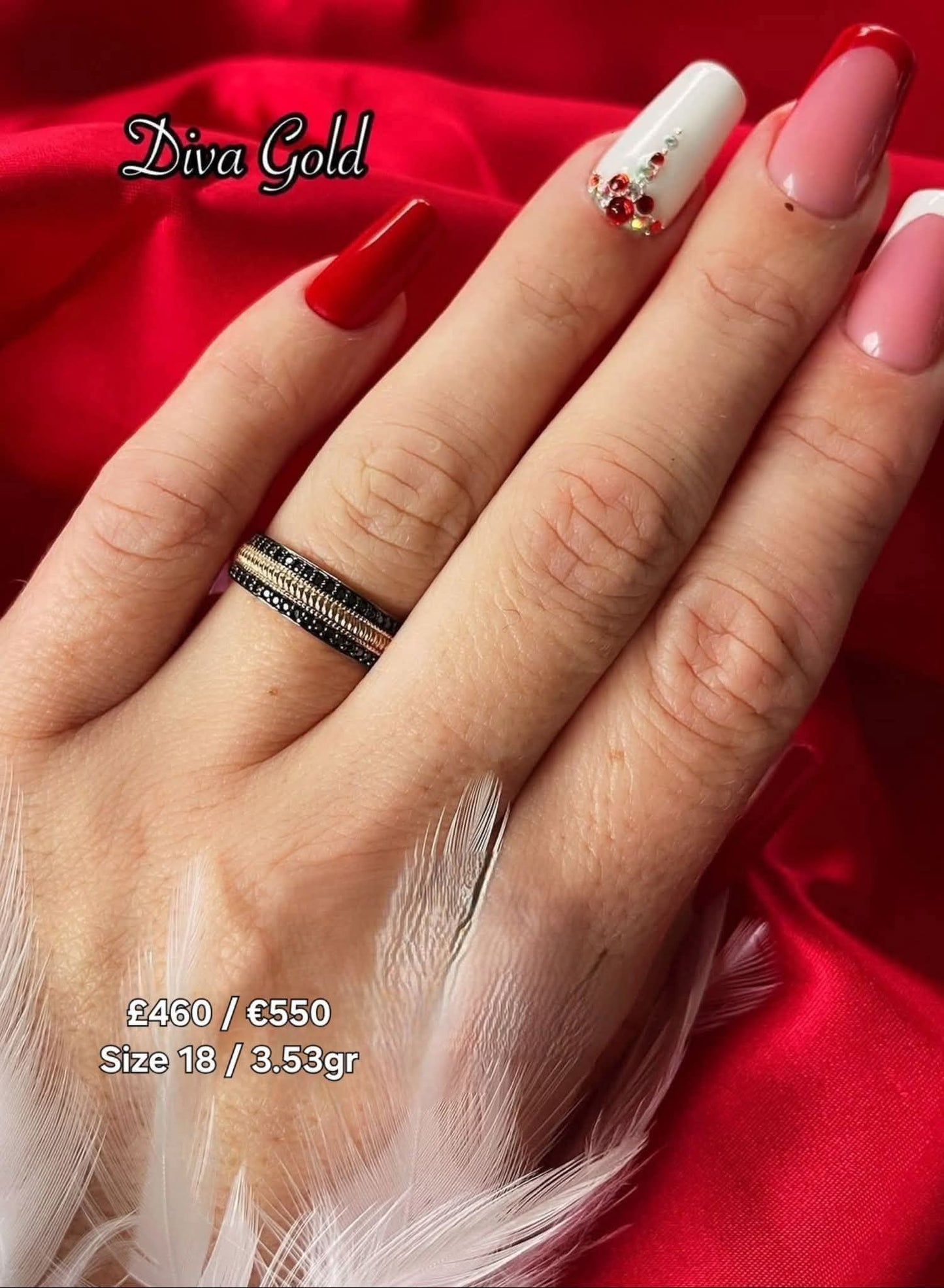 Gold women ring with black zircon stones. Size 18