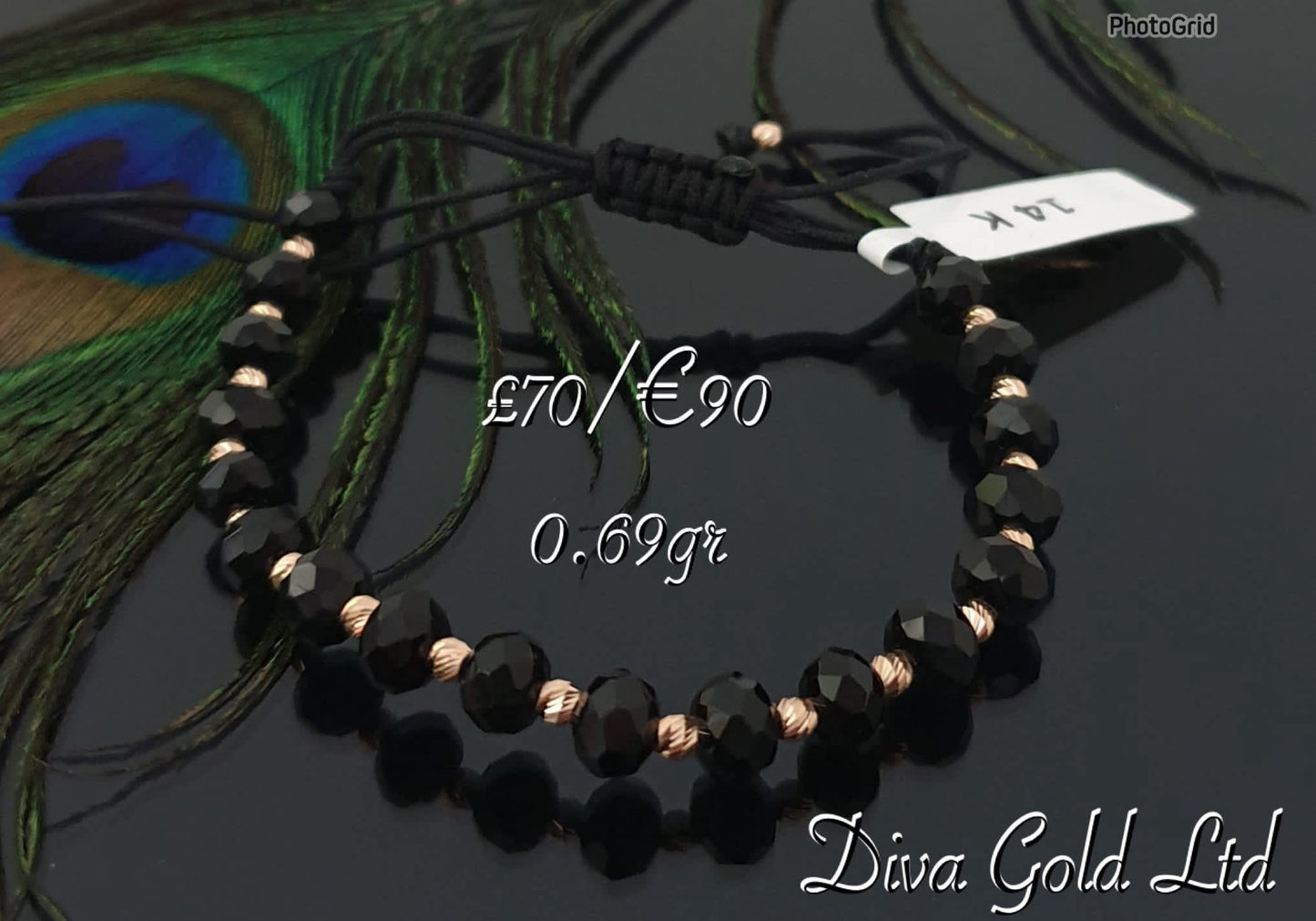 Black thread bracelet with gold details.