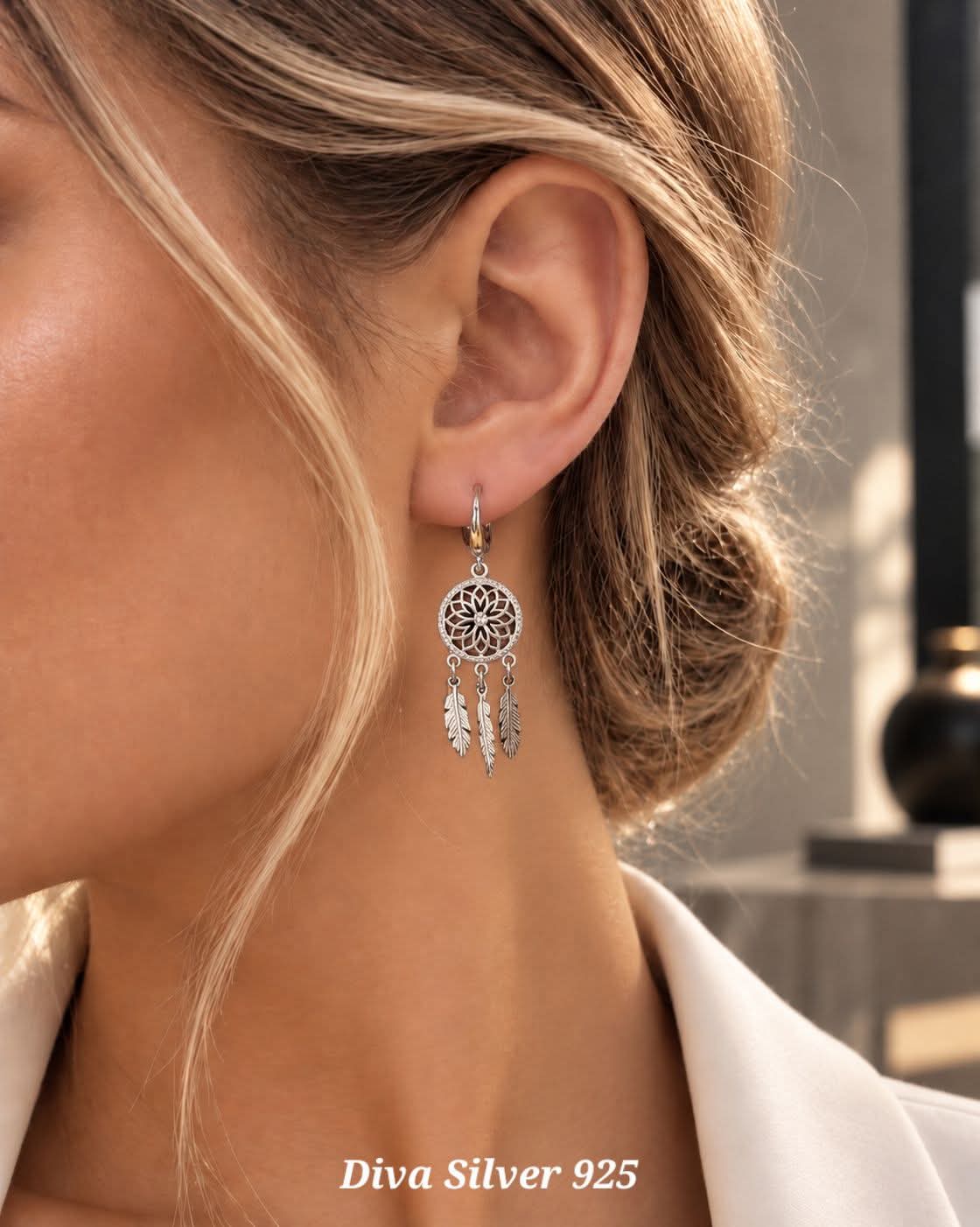 Sterling Silver Dream Catcher Women Earrings