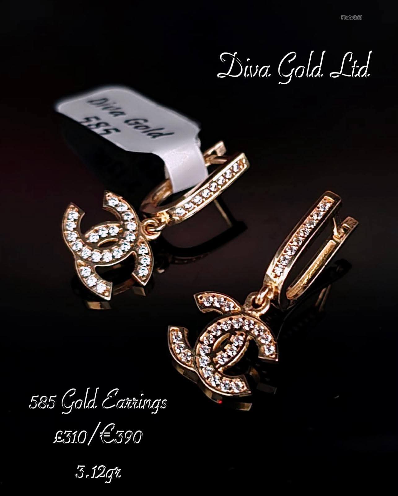 Gold 585 chanel earrings with white zircon stones