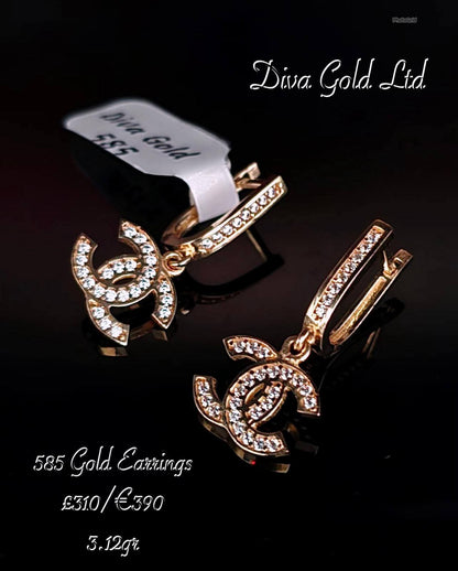 Gold 585 chanel earrings with white zircon stones