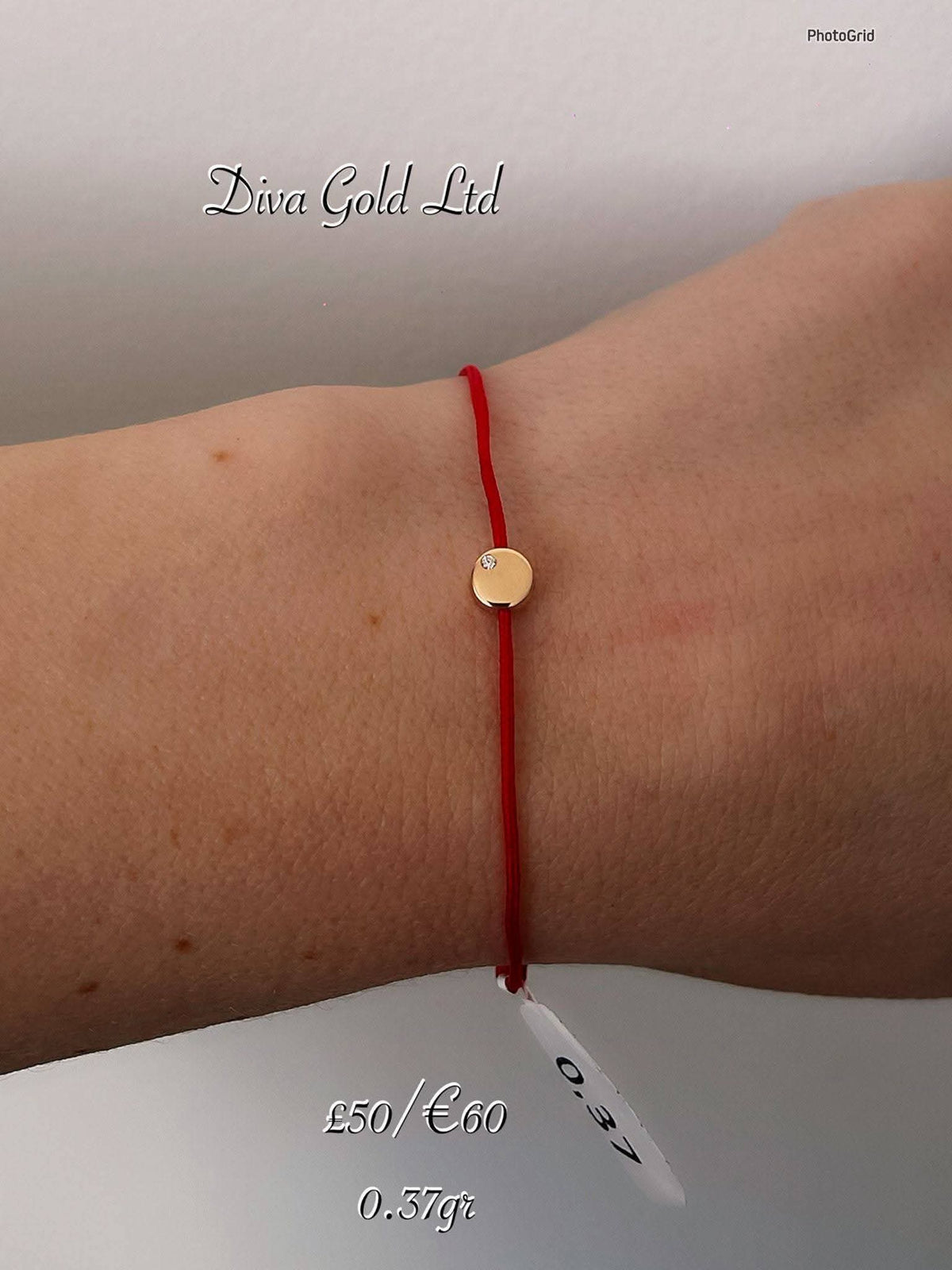 Red thread bracelet with 585 gold details.0.37gram