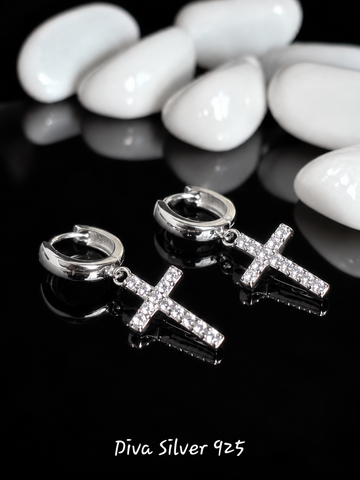 Sterling Silver Shining Cross Women Earrings