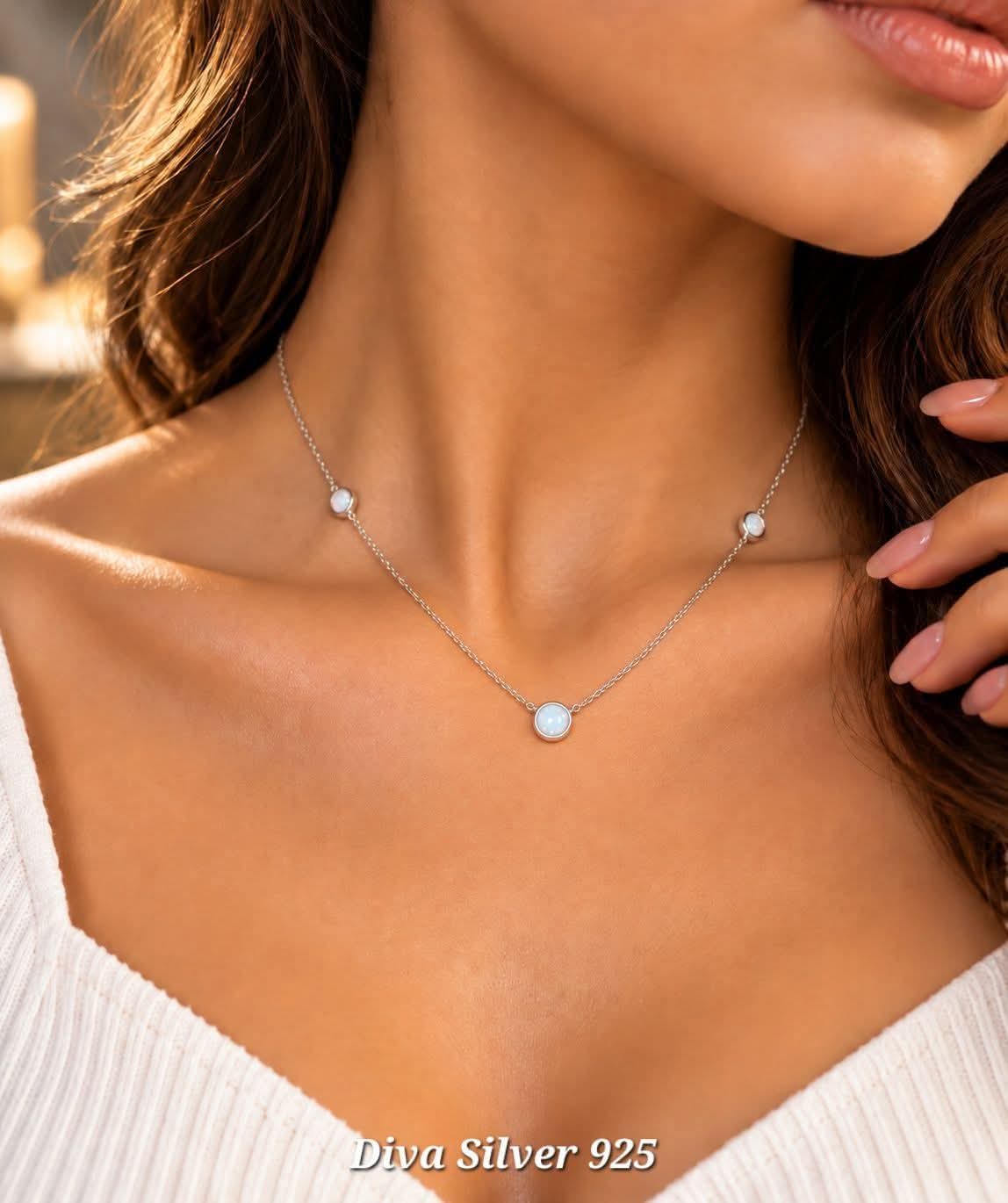 925 Sterling Silver Round Opal Necklace with Pendant