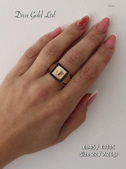 Men's gold 585 ring with black zircon stones. Size 22