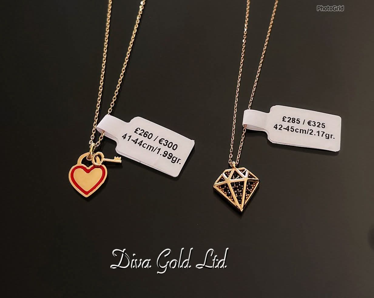 Gold Chain with heat & key pendants. 41-44cm