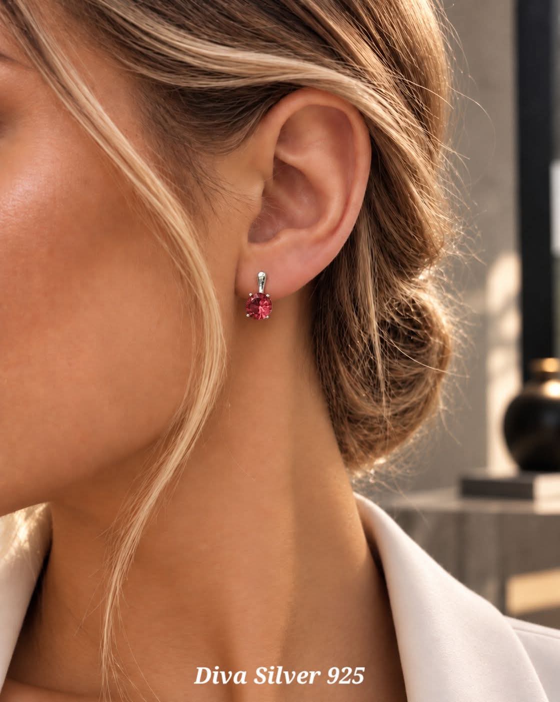 Sterling Silver Red Round Women Earrings
